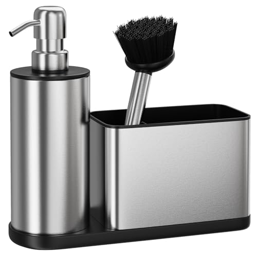 ODesign Kitchen Soap Dispenser Set - 3 in 1, Stainless Steel Dish Soap Dispenser with Sponge Holder, Dish Brush & Brush Holder, Kitchen Sink Caddy Organizer for Countertop - Rustproof, Non-Slip