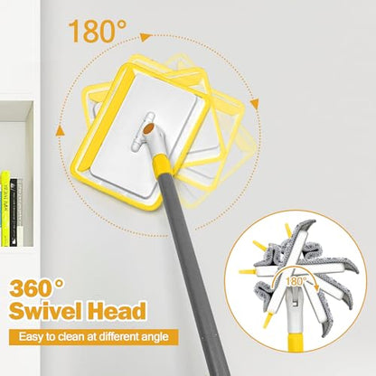 JEHONN Baseboard Cleaner Tool with Handle, 56 inches Base Boards Cleaning Mop Scrubber, 1 Stiff Bristles Brush, 2 Chenille and 2 Microfiber Pads, Wall Duster for Floorboard Ceiling Window (Yellow) - color: Yellow