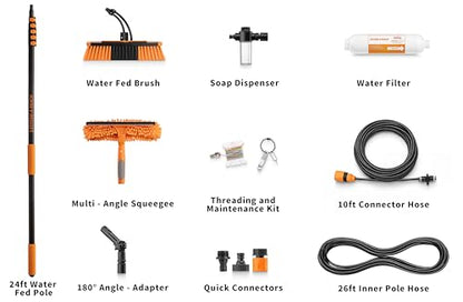 5-24 ft Water Fed Pole Window Cleaning System // Professional Telescopic Solar Panel Cleaning Equipment // Water Fed Brush with Upper Rinse Bar, 10" Squeegee, Water Filter, Soap Dispenser & Water Hose - size: 24 feet