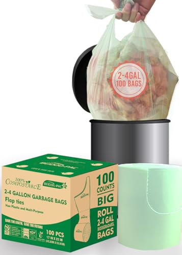 BEIDOU-PAC 3 Gallon Flap Tie Compostable Trash Bags, 100 Count Small Compost Garbage Bags, Food Scrap Waste Bags for Countertop Bin, ASTM D6400, US BPI Certified - style: Flat ties | 2-4 Gallon | 100 Count