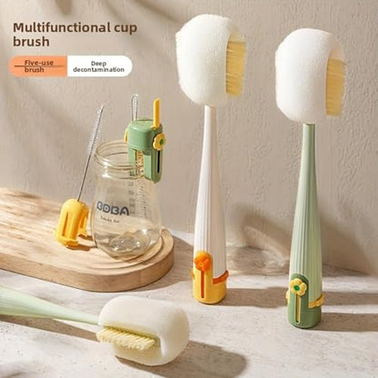 5-in-1 Long Handle Bottle Cleaning Brush Set – Multi-Surface Scrubbing Kit with Sponge & Bristle Heads, Detachable Deep Reach Cleaning Tools (Jasmine Green)