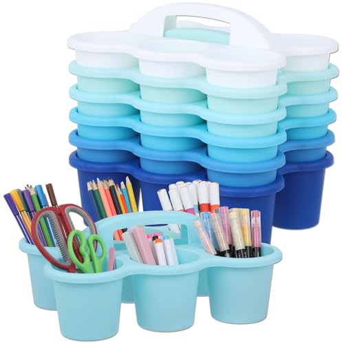 6 Pack Classroom Caddy Organizer with Handle Gradient Blue Plastic Table Caddy Drink Cup Caddies Holder 12x9x3.5 Inches Storage School Supplies 6 Compartments for Table Crayon Pencil Cup Marker Craft - color: Gradient Blue