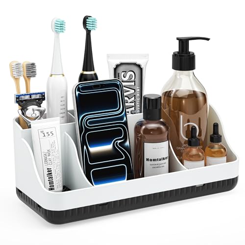 Bathroom Counter Organizer and Storage, 7 Slots Detachable Toothbrush Holders for Bathrooms, Anti-Slip Electric Toothbrush and Toothpaste Holder Countertop Vanity Organizer Accessories for Adults Kids - color: White Black