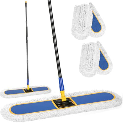 SOBONNE 24" Large Commercial Dust Mop for Floor Cleaning | Heavy Duty Floor Duster,Wet Dry Use,2 Washable Cotton Pads,60" Long Handle for Hardwood Marble Tile Concrete,Blue