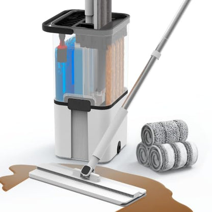 Mop and Bucket Set with Wringer,Separate Clean Dirty Water, Self Wringing Microfiber Dust Flat Mop for Hardwood Floors, Kitchen, Wall Cleaner -with 4 Washable Microfiber Pads