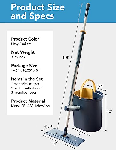 Flat Floor Mop and Bucket Set with Hands-Free and Self-Wringing | Mop for Floor Cleaning, Floor Mop with Reusable Microfiber Mop Pad, for Hardwood, Laminate and Tile Floors, (Navy)