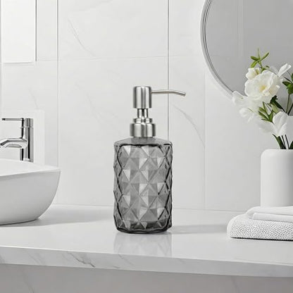 12Oz Gray Glass Soap Dispenser with Stainless Steel Pump, Refillable Kitchen Liquid Hand Soap Dispenser with Diamond Design, for Dispense Hand soap, Dish Soap, Lotion, Bathroom, Countertop, Hotel - color: Diamond Gray