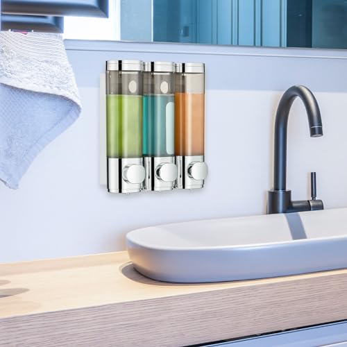 Pollock Shampoo and Conditioner Dispenser Wall Mounted, Shower Soap Dispenser 2 Chamber No Drill, Shampoo Dispenser for Shower, Body Wash Dispenser for Bathroom, Large Capacity, (Silver DG3 Chamber) - color: Silver Dg3 Chamber
