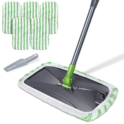 MASTERTOP Dust Mop for Hardwood Floors, Extra Large Microfiber Flat Mop with 5 Wet & Dry Reusable Pads, Hardwood Mops with Telescopic Handle for Laminate, Tile, Vinyl - color: Green, size: 15.7"*7.8"
