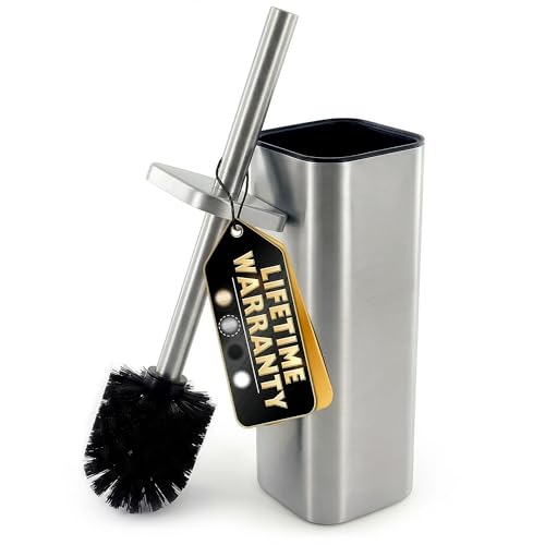 Toilet Brush with Square Holder - Toilet Brush and Holder Set Silver, Stainless Steel Handle with Splash Shield, Replaceable Head and Removable Inner Cup - Freestanding Bathroom Toilet Cleaning Set - color: Silver Rounded Square