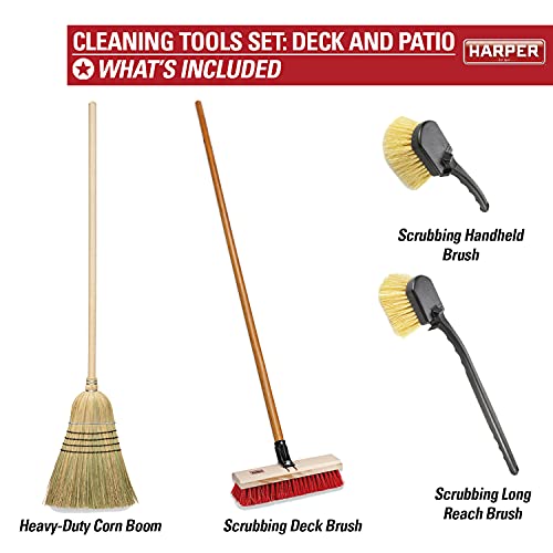 Harper 37518100 Deck/Patio Cleaning Set with 60 in. Handle Deck Brush, Heavy Duty Corn Broom, Scrubbing Brush and Long Reach Scrubbing Brush - style: Deck/Patio Cleaning Set