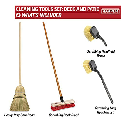 Harper 37518100 Deck/Patio Cleaning Set with 60 in. Handle Deck Brush, Heavy Duty Corn Broom, Scrubbing Brush and Long Reach Scrubbing Brush - style: Deck/Patio Cleaning Set