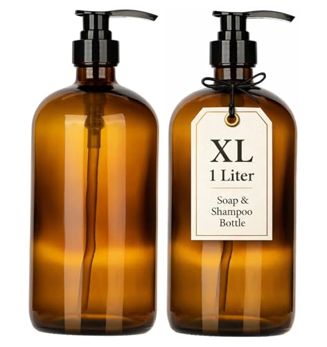 32 Ounce Glass Shampoo and Conditioner Dispenser Bottle with Pump, Shower - 1 Liter Body Wash Dispenser for Shower & Laundry Detergent Dispenser- by Kitchentoolz - Set of 2 - color: Amber, size: Pack of 2