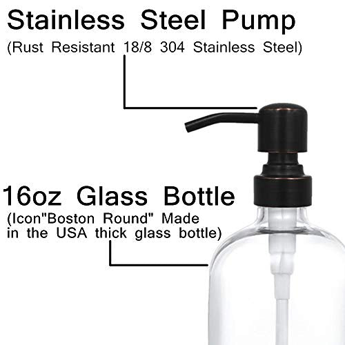 2 Pack Thick Clear Glass Boston Round Bottles /Oil Rubbed Bronze Stainless Steel Pumps, 16 Ounce Jar Soap Dispenser with Rustproof Pump for Essential Oil, Liquid Soap - color: Black and Clear