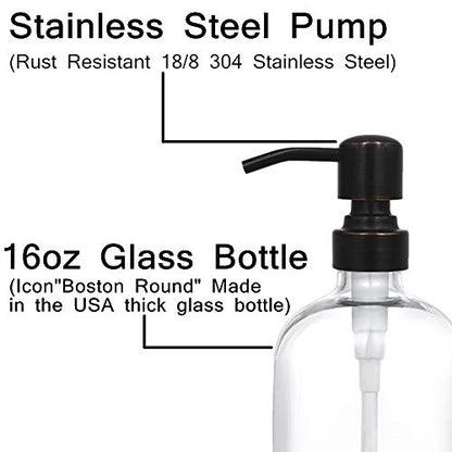 2 Pack Thick Clear Glass Boston Round Bottles /Oil Rubbed Bronze Stainless Steel Pumps, 16 Ounce Jar Soap Dispenser with Rustproof Pump for Essential Oil, Liquid Soap - color: Black and Clear