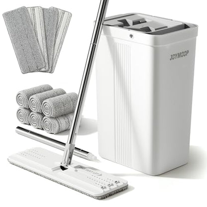 JOYMOOP Mop and Bucket with Wringer Set with 61" Mop Handle with Flexible 13" Flat Head with 10 pcs Microfiber Mop Pads - White