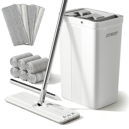 JOYMOOP Mop and Bucket with Wringer Set with 61" Mop Handle with Flexible 13" Flat Head with 10 pcs Microfiber Mop Pads - White