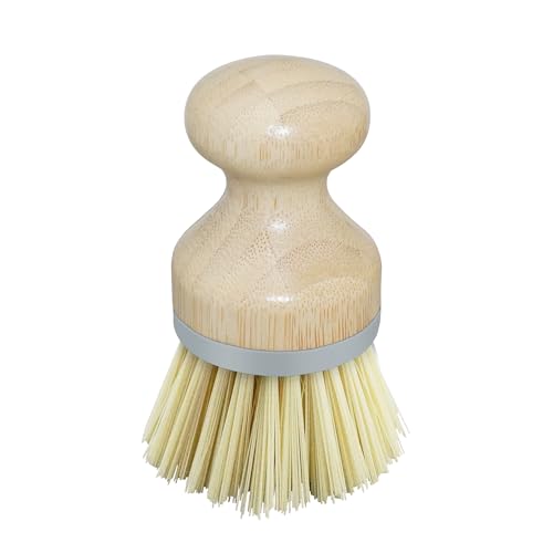 OGGI Natural Bamboo Dish Brush - Round Palm Dish Brush, Non-Scratch, Odorless Nylon Bristles, Durable Scrub Brush for Grease & Grime, Safe Cleaning Brush for Non-Stick Cookware - Gray Accent Color - color: Gray