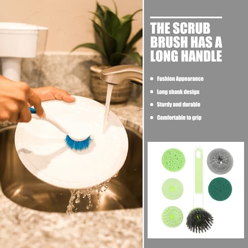 Beaupretty Kitchen Scrub Brush and Pot Brush Set with Long Handle, Detachable Steel Wire Scrubber Ball, Multi-Functional Dish Cleaning Tool for Household Sink and Cookware, Green