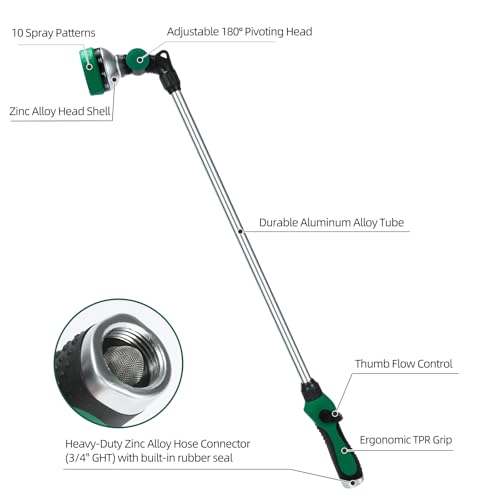 Watering Wand for Garden Hose, 30 Inch, 10 Spray Patterns, Thumb Control Garden Hose Nozzle, Adjustable Water Sprayer with Pivoting Head, Ideal for Hanging Baskets, Plants, and Shrubs, Green - color: Green