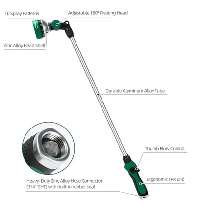 Watering Wand for Garden Hose, 30 Inch, 10 Spray Patterns, Thumb Control Garden Hose Nozzle, Adjustable Water Sprayer with Pivoting Head, Ideal for Hanging Baskets, Plants, and Shrubs, Green - color: Green