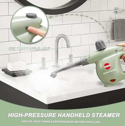 Handheld Steam Cleaner, Pressurized Multi-Surface Steam Shot with 13 Accessories, Safety Lock, Steamer for Cleaning Floor, Upholstery, Grout, Windows, Couch and Car, Green - color: Green