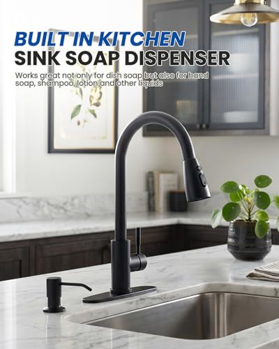 Built in Kitchen Sink Soap Dispenser: Stainless Steel Pump Head with 17 Ounce Large Soap Bottle, Easy Top Refill Design – No Bending Down for Countertop, Matte Black - color: Matte Black