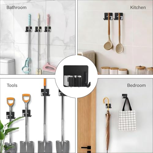 5 Pack Mop and Broom Holder Wall Mount, Stainless Steel Mop and Broom Hanger with Hooks, Mop Broom Organizer for Closet Laundry Garage Garden Tool Organizer (Black) - color: Black