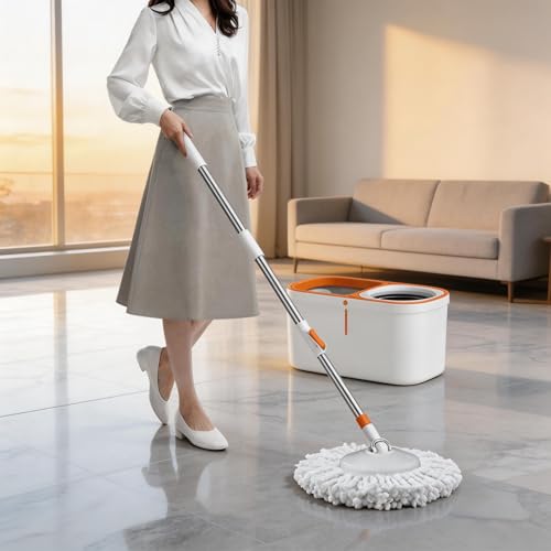 Spin Mop Bucket with Wringer System Extended Mop Handle 61＂Mop and Bucket for Floors Cleaning with 5 Replacement Head Refill 1 Cleaning Brush Head - color: Spin Mop Set