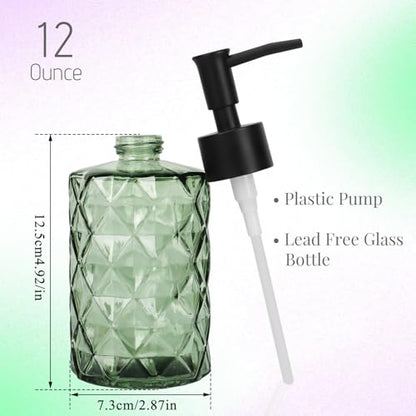 Clear Green Glass Soap Dispenser with Pump, 12oz Diamond Design Hand Soap Dispenser, Refillable Lotion Dispenser & Dish for Dishwashing Liquid, Shower Gel - color: Diamond Green