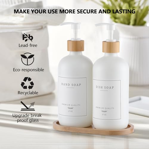 White Glass Soap Dispenser - Hand Dish Soap Dispenser Set for Kitchen, Bathroom with Sturdy Pump and Tray, 14 Waterproof Labels,Refillable Soap Lotion Dispenser-White - color: White Bottle + 14 Labels + Funnel + Tray