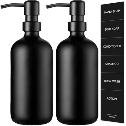 GMISUN Black Soap Dispenser, 2 Pack Matte Black Hand Soap Dispensers Bathroom with Stainless Steel Pump, 17 Fl Oz Glass Dish Soap Dispenser Set for Kitchen, Modern Liquid Soap Bottle with Labels - color: Black Bottle + Black Pump