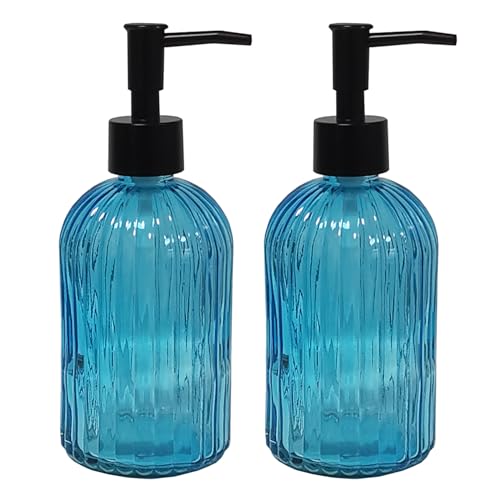 YYTSGG Blue Glass Soap Dispenser Set with Black Pump, 13.5oz Refillable Liquid Hand Soap Dispenser, Lotion Dish Soap Dispenser for Modern Home Decor, Kitchen Countertop, Bathroom, Hotel(2 Pack) - color: Dark Blue