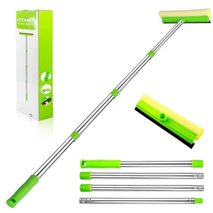 Window Squeegee, Squeegee for Window Cleaning, 2 in 1 Squeegee Window Cleaner with 58'' Long Handle,Window Washing Kit with Extension Pole for Shower, Windshield, Mirror, Gas Station, Glass