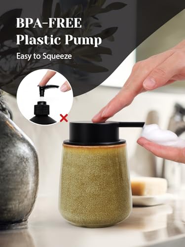 INGOFIN Ceramic Foaming Soap Dispenser - 12 oz Refillable Foam Hand Soap Dispenser Bathroom, Modern Dish Dispenser Pump for Kitchen,Kiln-Glazed Earthy Greenish-Brown - color: Kiln-glazed Greenish-brown-foam