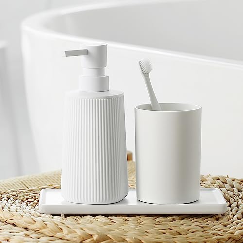 Small Soap Dispenser for Bathroom and Kitchen, Modern Farmhouse Striped Style Plastic Hand Soap Dish Soap Dispenser with Pump Matte White - color: White