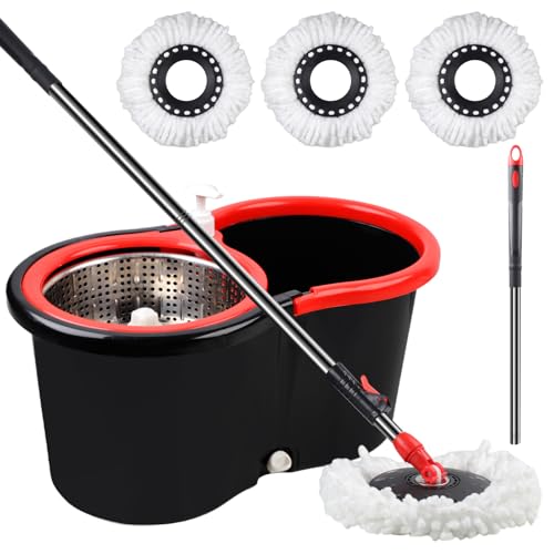 Spin Mop and Bucket with Wringer Set,360° Mop and Bucket System with 3 Microfiber Mop Refills and 59" Extended Handle for Floor Cleaning