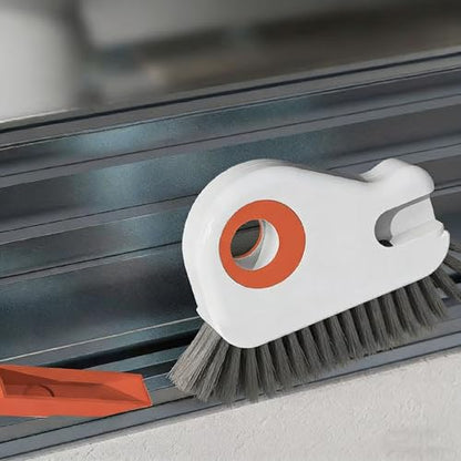 Multifunctional 2 in 1 Groove Cleaning Brush with Scraper & Dustpan - Window Track Cleaner Tool for Glass Door Tracks, Sills, Sliding Doors - Grout Brush for Narrow Gaps, Tiles, Bathroom - Orange