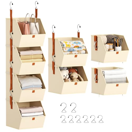 Homsorout Hanging Closet Organizer 4 Tier - Clothes Hanging Shelves, Space-Saving Closet System, Fabric Storage Bins Bedroom Organization, Collapsible Baskets for Home, Dorm, Rv, Beige - color: Beige, size: 4 shelves