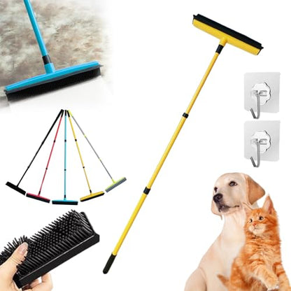 Three-Section Telescopic Pole Carpet Delinting Broom, Pet Hair Removal Broom, Multi-Surface Squeegee Rubber Broom, Extendable Rubber Broom Pet Hair Remover for Carpet Couch (Yellow) - color: Yellow
