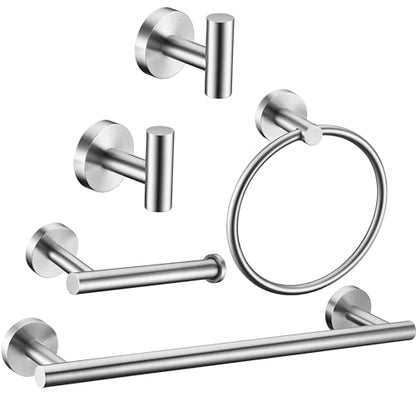 5 Pieces Brushed Nickel Bathroom Hardware Set Include 16inch Towel Bar,2pcsTowel Hooks,Toilet Paper Holder,Hand Towel Ring Round SUS304 Stainless Steel Bathroom Accessories Set Heavy Duty Wall Mounted - color: Brushed Nickel, size: 5 piece 16"