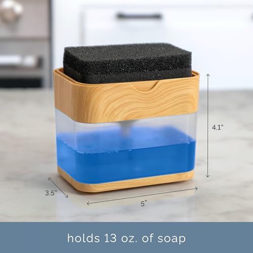 S&T INC. Dish Soap Dispenser and Sponge Holder for Kitchen Sink, Waterproof Labels and Sponge Included, 13 Ounces, Plastic, Bamboo - color: Bamboo