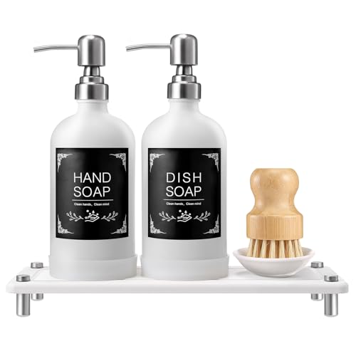Dish Soap Dispenser Set for Kitchen 16oz Glass Bottle with Stainless Steel Pump, Instant Dry Tray, Perfect for Kitchen Decor and Bathroom Accessories, Women’s Gifts for Christmas - color: White Bottle + White Tray