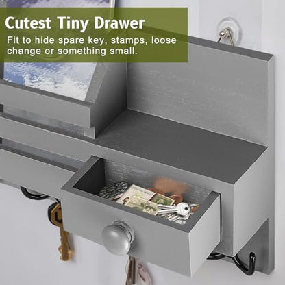 Key Holder Wall Mount, Wooden Adhesive Mail and Key Organizer with Drawer, Small Shelf, 8 Hooks, 2 Installation Methods, Gray - color: Gray