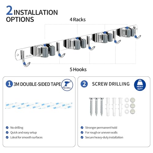 4 Racks and 5 Hooks Mop and Broom Holder Wall Mount, 304 Stainless Steel Broom Hanger Organizer for Home Kitchen Garden Laundry Garage - size: 4 Racks 5 Hooks