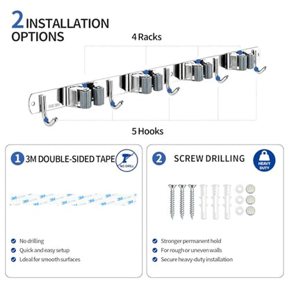 4 Racks and 5 Hooks Mop and Broom Holder Wall Mount, 304 Stainless Steel Broom Hanger Organizer for Home Kitchen Garden Laundry Garage - size: 4 Racks 5 Hooks