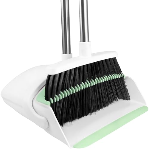 Broom with Dustpan Combo Set for Home, 52-in Long Adjustable Handle Angle Broom and Dustpan Set with Dustpan Comb Teeth for Sweeping Pet Hair Food Dirt Kitchen (White-Green) - color: White-green