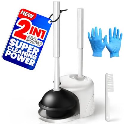 2 in 1 Toilet Brush and Plunger Set, Extended Handle Plunger,Toilet Bowl Brush Plunger Set,Bathroom Cleaning Tools,Cleaning Brush,Cleaning Supplies,Toilet Brush Plunger Combo,White（20inch） - color: White