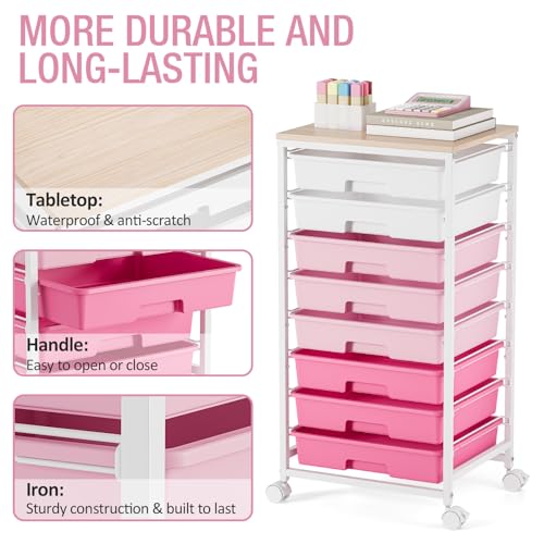 Rolling Cart with Drawers, Pink Cart with 8 Plastic Drawer Storage and Wooden Tabletop, Craft Storage, Teacher Cart, Storage Cart on Wheels, Rose Pink - color: Rose Pink