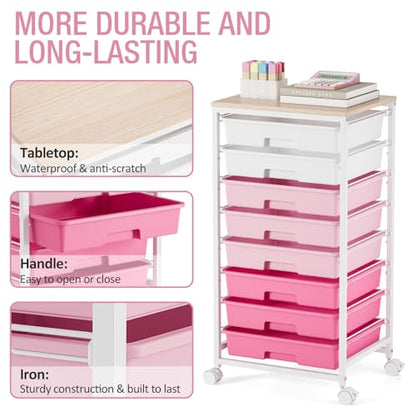 Rolling Cart with Drawers, Pink Cart with 8 Plastic Drawer Storage and Wooden Tabletop, Craft Storage, Teacher Cart, Storage Cart on Wheels, Rose Pink - color: Rose Pink
